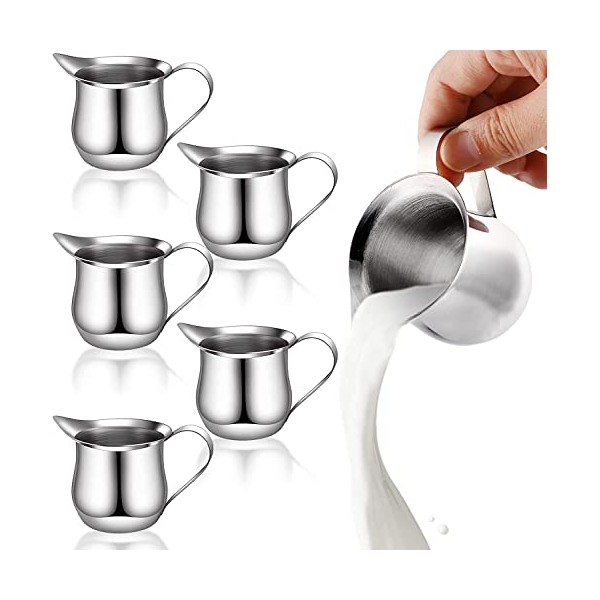 Yesland 6 Pack 3 oz Bell Creamers, 90ml Stainless Steel Wide Mouth Creamer Pitcher with Pouring Spout for Cream, Milk & Sauce, Restaurant, Cafes, Home Used