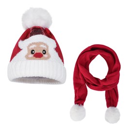 Qchomee 2Pcs Kids Christmas Santa Hat Scarf Set Knit Beanie Elk for Child Boys Girls with Pom Xmas Party Cute Knitted 3-8 Year Old, Red, One Size