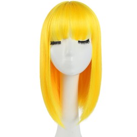 Yellow Bob Wigs,Short Bob Hair Wigs 14" Straight with Flat Bangs Synthetic Colorful Cosplay Daily Party Wig for Women Natural (Free Wig Cap)