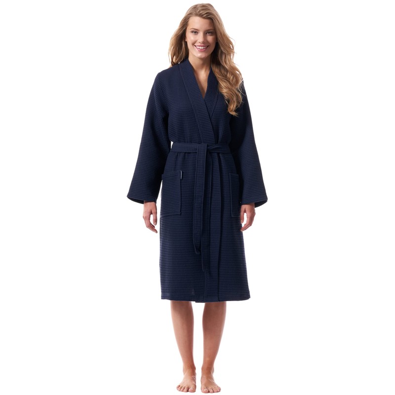 Morgenstern Women's Lightweight Bathrobe, 100% Cotton, Waffle Pique, darkblue
