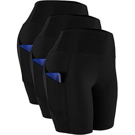 CADMUS Women's High Waist Spandex Yoga Shorts for Bike Running Two Side Pockets,10,Black,Black,Black,Large