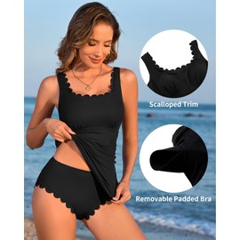 Charmo Women Scallop Trim Tankini Sets with Bottom Square Neck Two Piece Tankini Top Tummy Control Bathing Suit Black L
