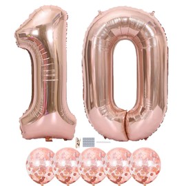 Rose Gold 10 Birthday Decorations - 40 Inch Number Foil Balloons Latex Confetti Balloons for 10th Birthday Party Decoration Wedding Anniversary Photos Props Supplies