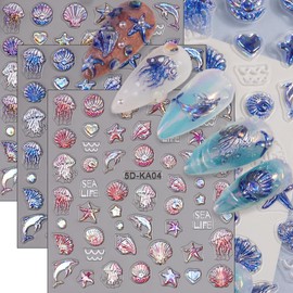 3Pcs Summer Nail Art Stickers 5D Embossed Luxury Summer Ocean Theme Nail Decals Shiny Shell Conch Dolphin Jellyfish Designs Self-Adhesive Nail Stickers Beach Nails Art Supply for Women Manicure Tips