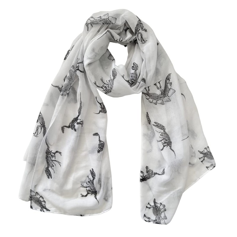 Women's Scarf with Dinosaur Print, White