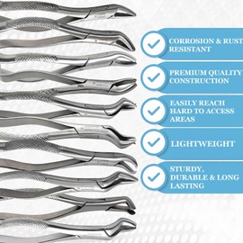 A2Z Premium Grade Set of 10 Dental Extracting Extraction Forceps with Serrated Jaws Used to Extract Upper Lower Right Left 1st 2nd Molars from The Alveolar Bone, Made of Stainless Steel