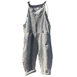 CHARTOU Women Oversized Summer Casual Stripes Cargo Jumpsuit Wide Leg Bib Overall Striped Linen Pants Dungarees Pocket (Medium,Grey stripe)