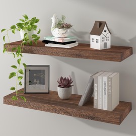 Kultilanda Floating Shelves 24 Inch Wall Shelf Solid Wood Mounted Storage for Bedroom Living Room Set of 2, Rustic Brown Wall Shelves