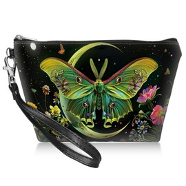 BWEGRHE Cosmetic Bag PU Leather Travel Makeup Bag with Detachable Wrist Strap, Moth Moon Flowers Women's Toiletry Storage Pouch Water Resistant Portable Change Coin Small Purse Zipper Pouch