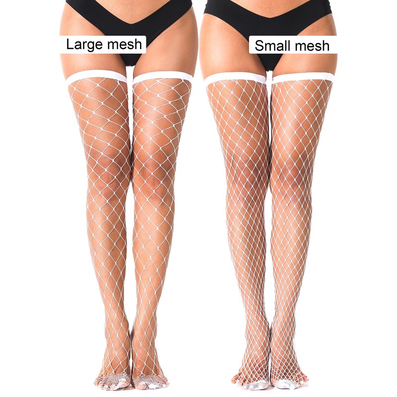 VOAKOW 2 Pairs White Fishnet Thigh High Stockings White Over