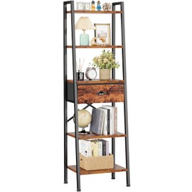 Furologee 5 Tier Ladder Shelf with Drawer, Tall Bookshelf Storage Shelves, Bookcase Standing Shelf Units, Industrial Open Display Shelves Organizer for Bedroom, Living Room, Kitchen, Rustic Brown…