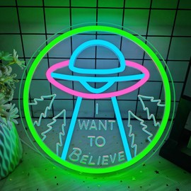 I Want To Believe Neon Sign Alien Led Neon Sign for Wall Decor UFO Neon Light Sign Spaceship Neon Light Sign for Office Man Cave Movie Fans Living Room Bar Pub Game Room Classroom Party