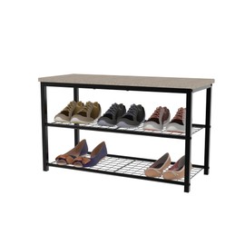 Rooflare Shoe Bench, 3 Tiers Shoe Rack for Entryway, Storage Organizer with Two Iron Shelf and top for Board, Shoe Shelf, Metal Steel Frame, Black, Durable