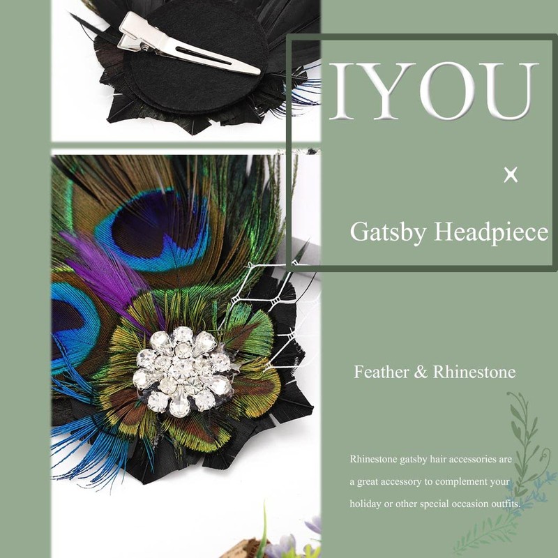 IYOU Peacock Feather Hair Clips Green Flapper Headpiece Vintage Festival