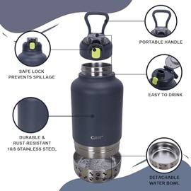 GiNT - Botella de agua aislada de acero inoxidable para perros y seres humanos | Dispensador de viaje a prueba de fugas con tazón desmontable de 10 onzas, 24 horas frío/12 horas caliente, funda de