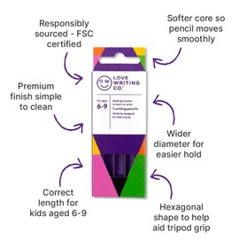 Love Writing Co. Writing Pencils for Children | Age 6, 7, 8, 9 Writing Pencils for Kids | Ergonomic Design, Comfortable Writing | Helps Writing Skills, Proper Pencil Grip, Fine Motor Skills | 5 Pack