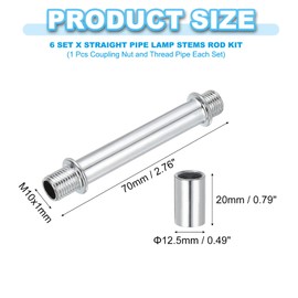 PATIKIL Straight Pipe Lamp Stems Rod Kit, 6 Set M10 Carbon Steel 70mm(2.76") Long Double End Thread Rod with Coupling Nuts Sleeve Connector for Table Lamps Chandeliers, Silver Tone