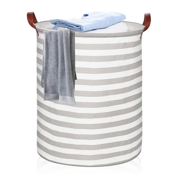 RYAN Large Foldable Laundry Basket 65L Fabric Laundry Basket with Handles for Bedroom, Living Room, Children's Room, Bathroom and Travel (Grey Striped)
