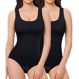 Nebility Women's 2 Piece Bodysuit Shapewear Tummy Control Seamless Round Neck Body Shaper Tank Top BodySuit(Black 2pk,Medium-Large)