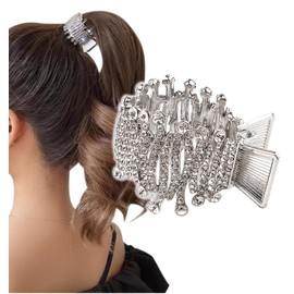 Herbeluemily Hair Claw Clip, Rhinestone Bijou Pony Holder, Hair Clip, Hair Ornament, Formal, Silver B