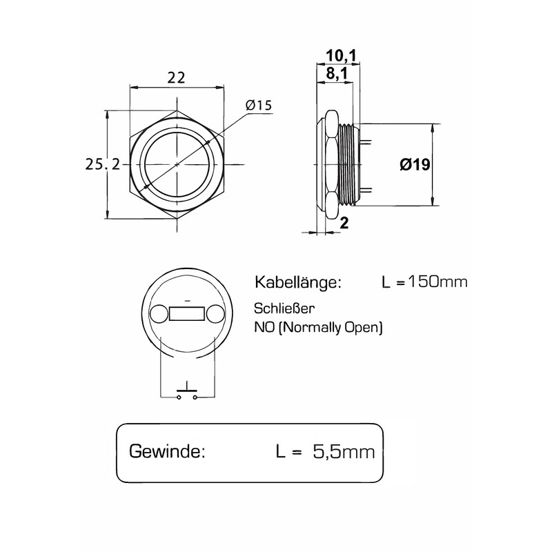 Metzler Ultra-Flat Stainless Steel Push Button, Rust-Proof IP67, Installation Diameter
