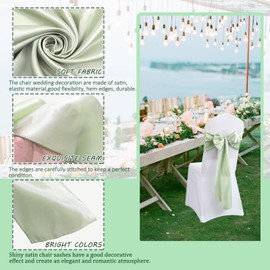 QeeFop Pack of 50 Sage Green Satin Sash Wedding Chair Bow Elastic Chair Sashes Chair Sashes for Wedding Decoration Birthday Banquet Party Chair Covers Celebration Decoration (Sage Green)