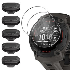 Orzero (3+5) Compatible for Garmin Instinct E 45mm, 3 Pack Watch Screen Protector + 5 Pack Black Dust Plug, Tempered Glass 9H Anti-Scratch Bubble Free TPU Charger Port Anti Dust Caps Cover
