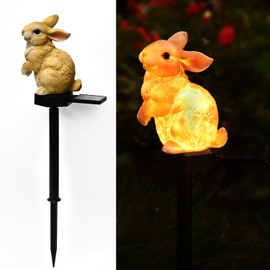 Juliahestia Bunny Garden Ornaments Rabbit Solar Decor Outdoor Statue Lawn Yard Decorations Outside Animal Stake Waterproof Patio Cute Brown Hare Figurines Gifts Idea