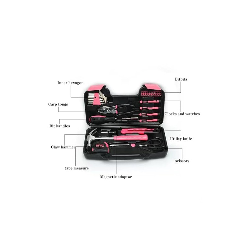 39 Pcs All Purpose Basic Household Pink Tool Kit for