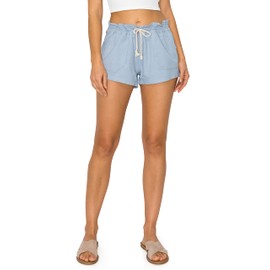 Cali1850 Women's Casual Linen Shorts - Drawstring Smocked Waist Oceanside Lounge Beach Pants with Pockets 06984JLN000_BLU XL