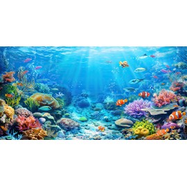 Underwater World Aquarium Background, Seaworld Ocean Floor Tropical Fish Coral Reef Aquatic Nature Plant Fish Tank Backdrop Decor, Polyester Fabric with 6 EVA Double-Sided Tapes 36x18 inches/90x45cm