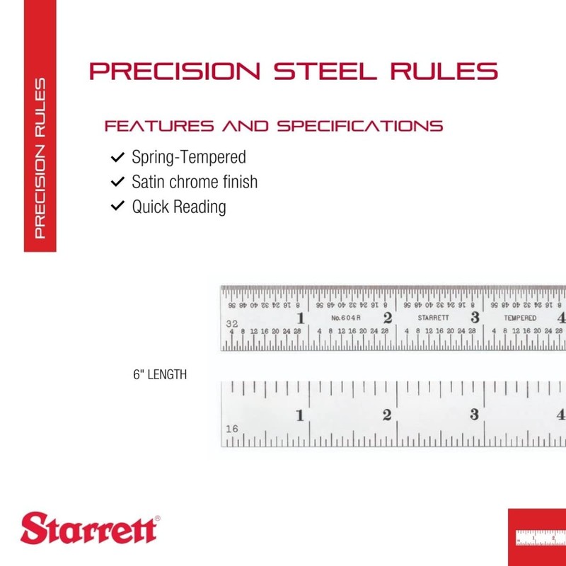 Starrett Spring Tempered Steel Rule with Satin Chrome Finish, Quick