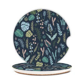 Forest Plants Leaves Seeds Car Coasters,Ceramic Absorbent Cup Holders with Finger Notch & Cork Base Car Assecories for Women/Men 2.6"(2 Pieces)