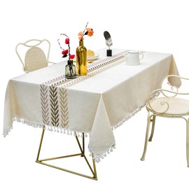 Deep Dream Tablecloths, Embroidery Leaf Table Cloth Cotton Linens Wrinkle Free Anti-Fading,Table Cover Decoration for Kitchen Dinning Party (Rectangle/Oblong, 55 x 102 Inch, 8-10 Seats, Linen)