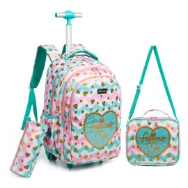 Meetbelify Girls Rolling Backpack Kids Backpacks with Wheels Travel Luggage for Elementary Students Trip Suitcase with Lunch Box for School