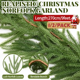 Palonu 2 Pcs 9Ft Artificial Norfolk Pine Christmas Garland, Faux Norfolk Touched Like Real Pine, Decoration for Table Mantle Wall Porch Fireplace Indoor Outdoor Winter Holiday Décor