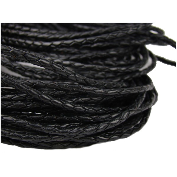 Esnado Round Braided Leather Cord 3 mm Black Various Lengths Leather Black 3 Metres