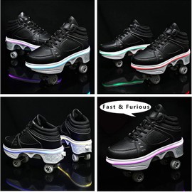 Roller Skates for Men and Women, Kids Roller Skates with 4 Shiny Wheel, 2 in 1 Invisible Deformation Roller Skate, Classic Double-Row Roller Skates for Indoor and Outdoor