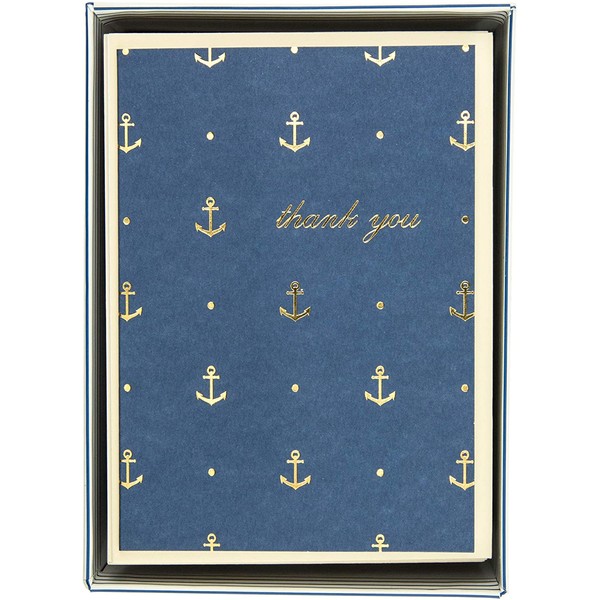 Graphique Gold Anchors Boxed Notecards, 16 Navy Blue"Thank You" Message Cards, Embellished Gold Foil Notecards with Matching Envelopes and Storage Box, 3.25" x 4.75"