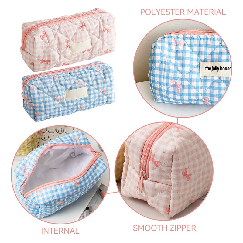 2 Bow Plaid Pen Bags, Portable Storage Bags, Cute Pencil