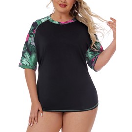 Koscacy Plus Size Swimsuit with Sleeves Short Sleeve Swimsuit High Neck UV Protection Swimwear for Swimming Diving Snorkeling Surfing Tropical Print 3X-Large Plus