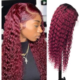 HeioWuio 4x4 Lace Closure Wigs - Curly Wave Burgundy Women's Brazilian Remy Glueless Top Swiss Lace Closure 18 Inch