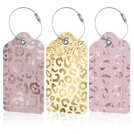 EOBKLAX 3 Pack Glitter Rose Gold Luggage Tags for Suitcases,Golden Leopard Leather Baggage Suitcases Tag Name ID Label Privacy Cover Travel Bag Tags for Women Men Boys Girls