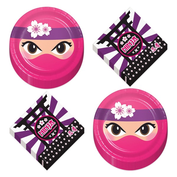 Live It Up! Party Supplies-Pink Ninja Party Supplies Ninja Girl platos de postre de papel y servilletas de diseño Ninja (para 16)