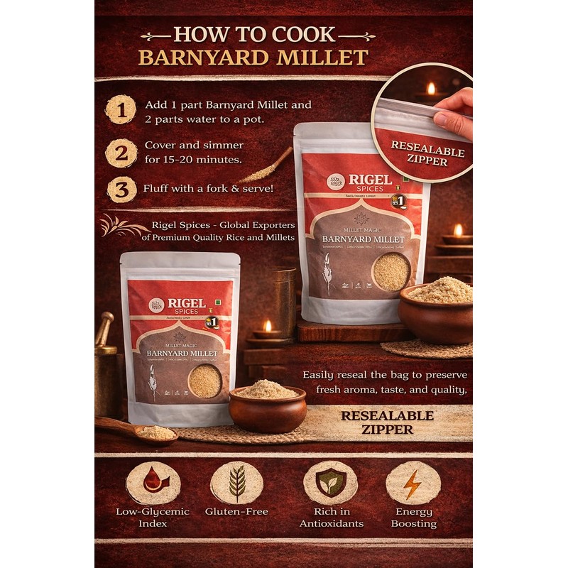 Rigel Spices Barnyard Millet | 2lbs resealable pack | Kuthiraivali