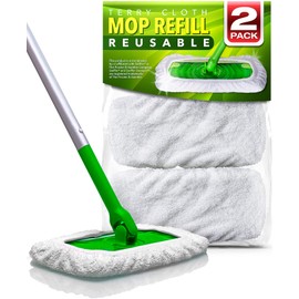VanDuck Reusable 100% Cotton Mop Pads Compatible with Swiffer Sweeper (2-Pack), Terry Cloth Mop Covers Washable for Wet Mopping and Floor Cleaning (Handle is Not Included)