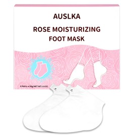 AUSLKA Moisturizing Foot Mask with Shea Butter, Foot Masks for Dry Cracked Feet, Hydrating Moisturizer for Feet Dry Skin, Foot Care Gift for Women Men - 6 Pairs (Rose)
