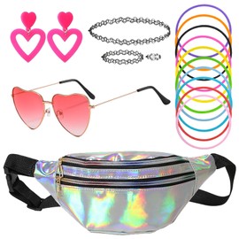 JSTHHTT 90er Jahre Outfit Damen, 17 Pcs 90er Jahre Accessoires, 80s 90s Kleidung Kostüm Accessoires mit Bauchtasche, Armbänder, Brille und Ohrring für Karneval Neon Party