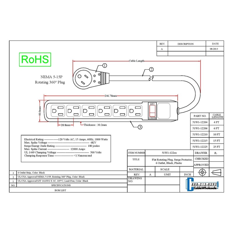 CableWholesale 845-51W1-12204 Flat Rotating Plug, Surge/Modem Protector, 6 Outlet, Black,
