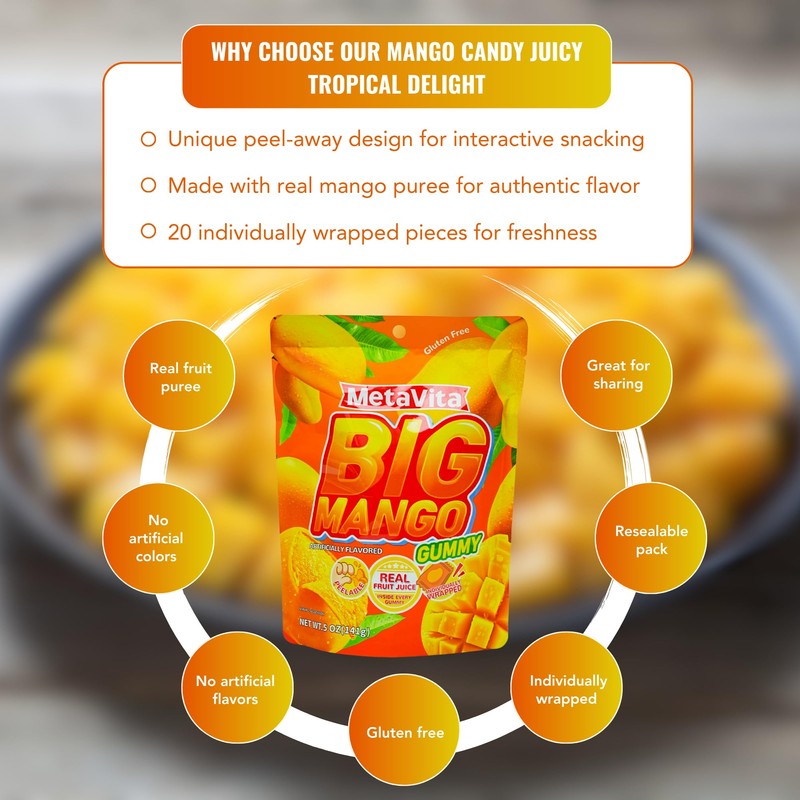 MetaVita 5oz- Big Mango Gummy Candy – Individually Wrapped Peelable